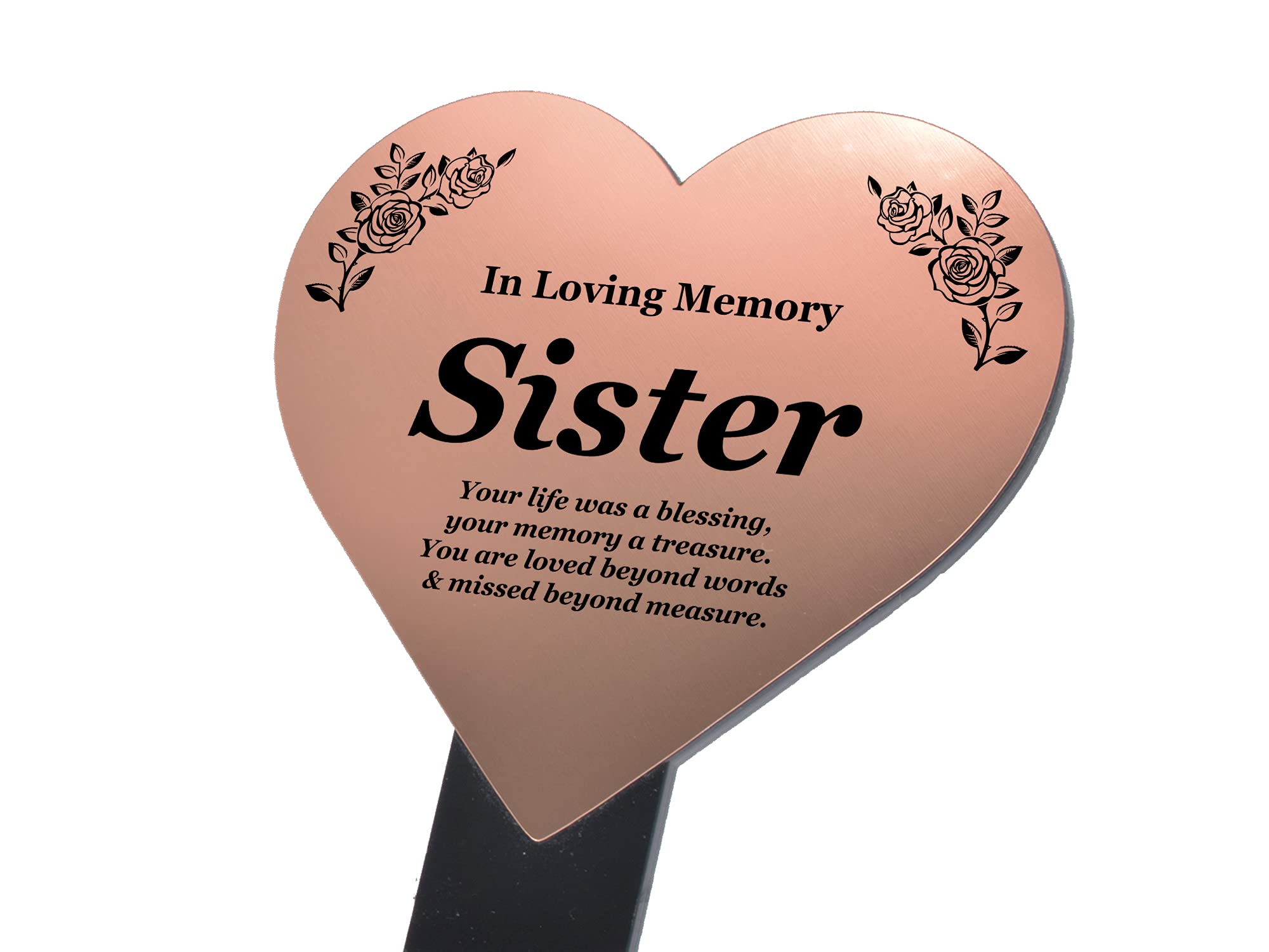 Sister Heart Shaped Memorial - Copper plaque mounted onto a black stake