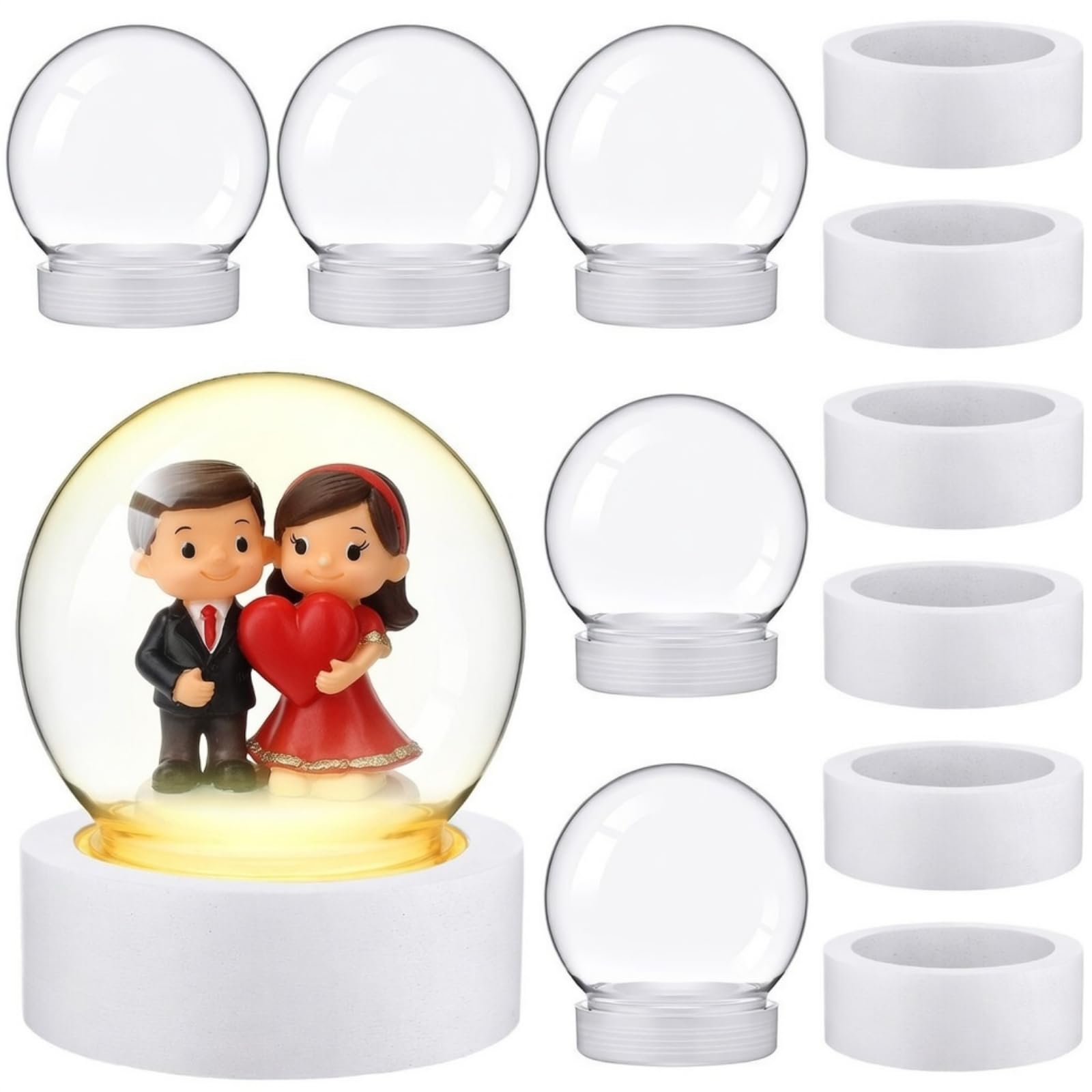 Photo 1 of 12 Pcs 3.9 Inch DIY Snow Globe Kit, 6 Make Your Own Snow Globe Craft 6 LED Light Wood Base Clear Plastic Dome for Valentine Wedding Christmas Decor Keepsake Gift Plant Terrarium Display (White Base)
