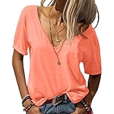Danedvi Women Fashion Deep V-Neck Short Sleeve Tops Solid Casual Loose Basic T Shirt