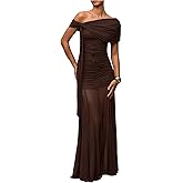 Milumia Women's Off The Shoulder Mesh Maxi Dress Ruched Short Sleeve Bodycon Cocktail Party Dresses