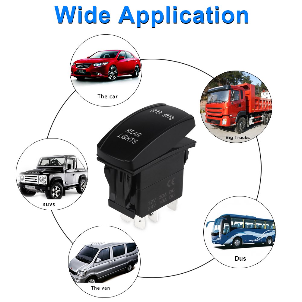 WATERWICH 5 Pin Rear Lights Illuminated Rocker Toggle Switch Waterproof with Jumper Wires Set DC 20A 12V/10A 24V Black Shell/ON-Off SPST Rocker Switch for Auto Truck Boat Marine RV Off Road
