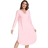 NACHILA Nightgowns for Women-Viscose Made from Bamboo, Long Sleeve Nightshirts Satin V Neck Sleepshirts Soft Sleep Dress