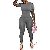 chicyes Workout 2 Piece Sets For Women Summer Casual Two Piece Outfits Short Sleeve Tops Long Pants Lounge Matching Set Grey