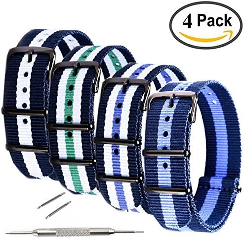 Demes 4 Pack Nylon Watch Strap - Choice of Colors &amp; Widths 18mm or 20mm - Premium Ballistic Nylon Watch band with Black Stainless Steel Buckle