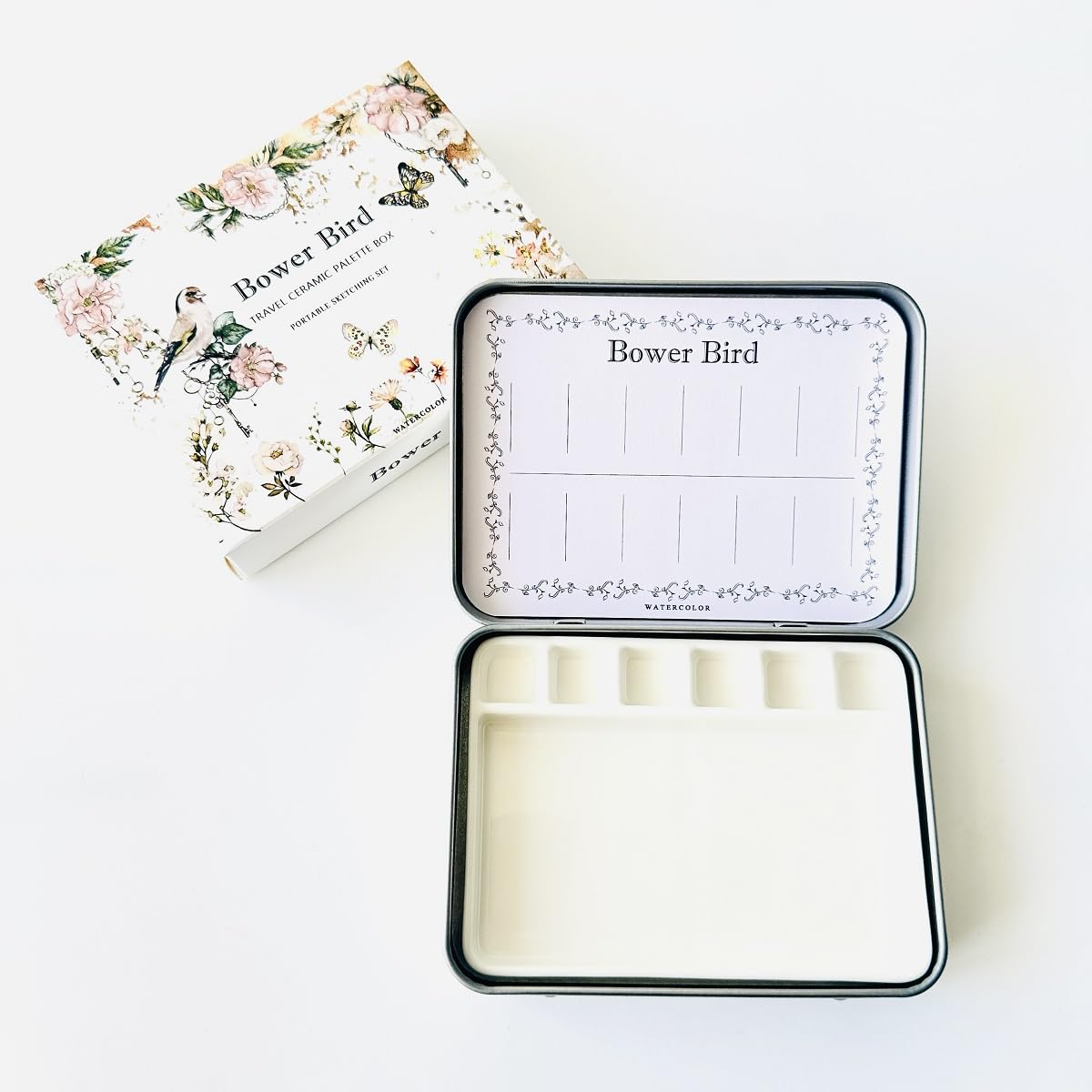 Photo 1 of Bower Bird Travel Watercolor Palette,Portable Ceramic Palette 6 Well,Empty Paint Palette,Small Travel Metal Paint Boxwith Porcelain Palette (6-Well)