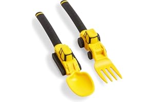 Dinneractive Utensil Set for Kids – Construction Themed Toddler Forks and Spoons, Toddler Utensils – 2-Piece Set – Yellow Construction Utensils For Toddlers - Loader & Tractor Toddler Spoons and Forks