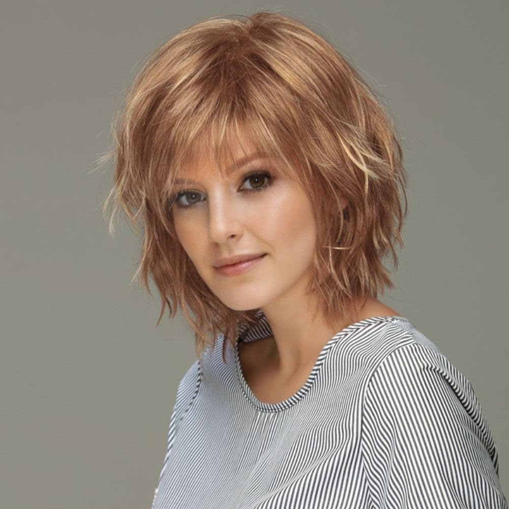 Salaibs Womens Light Brown Short Wig with Bangs Layered Natural Fluffy Hair Wig for Daily Party Use — image 1