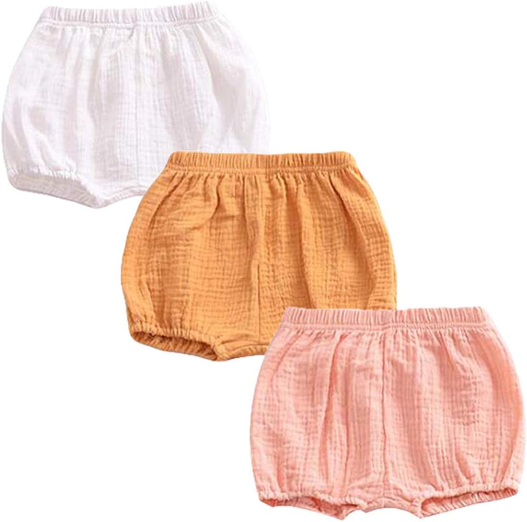 3 Pack of Baby Infant Kids Girl Soild Cotton Linen Blend Soft Ruffle Bloomer Shorts Pants