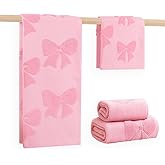 NZNDB 4 Pack Cotton Towel Set, Pink Soft Bathroom Bow Towel Set, Contains 2 Hand Towels 14x30in & 2 Wash Coths 14x14in, Highly Absorbent & Lightweight, Preppy Bath Decor Wedding Gift