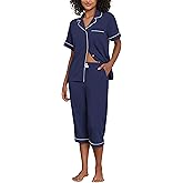 CF Pajama Sets for Women 2 Piece Soft Cotton Modal Short Sleeve Top With Capri Pants Button Down Summer Pjs for Women Set