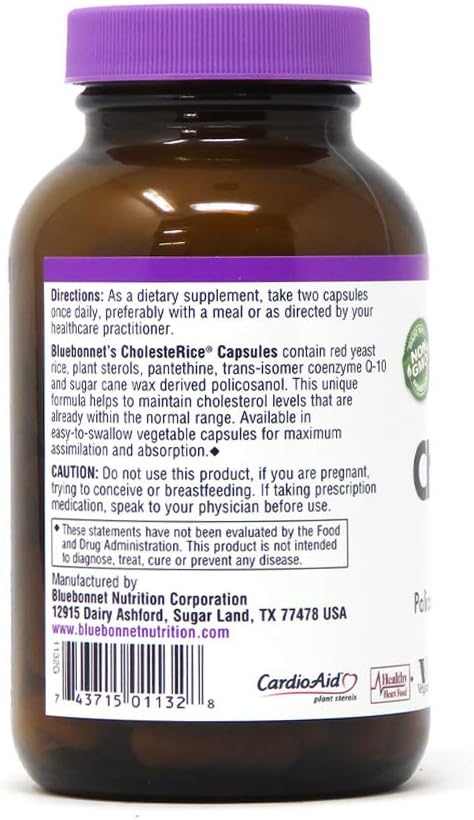 Bluebonnet Nutrition CholesteRice Vegetable Capsules, Red Yeast Rice, Plant Sterols, Pantethine, CoQ10, Policosanol, Vegan, Vegetarian, Non GMO, Gluten Free, Milk Free, 90 Vegetable Capsules: Health & Personal Care