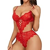 Donnalla Women's Sexy Lingerie Lace Teddy Deep V Bodysuit Push Up Lingerie One Piece Cutout Outfit