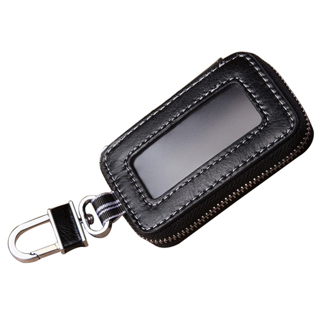 Esdrem Unisex Genuine Leather Car Key Holder Zippered Key Chain Case Pouch with Clear Window (Black 2)