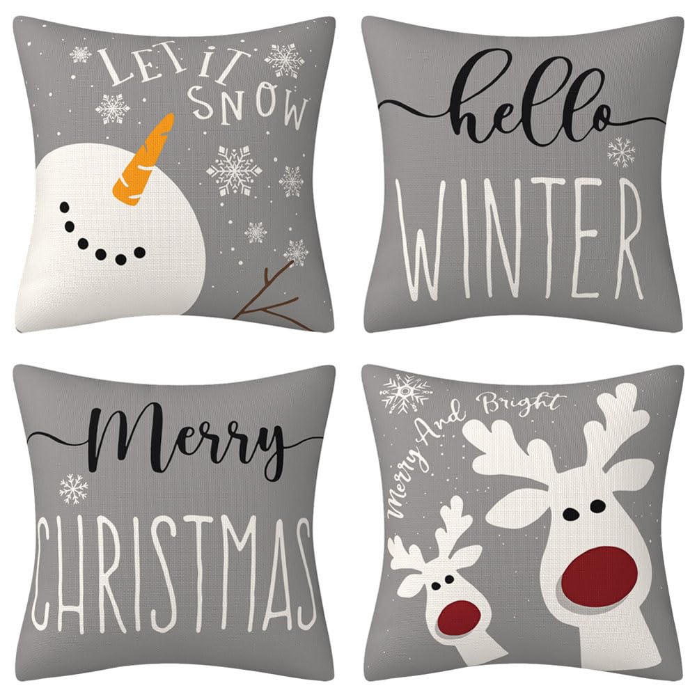 BCKAKQA Christmas Cushion Covers Set of 4 Grey Throw Pillow Covers 18x18 inch Soft Polyester Square Xmas Pillow Cases 45x45 cm for Bedroom Living Room Sofa Couch Bed Cushions — image 1