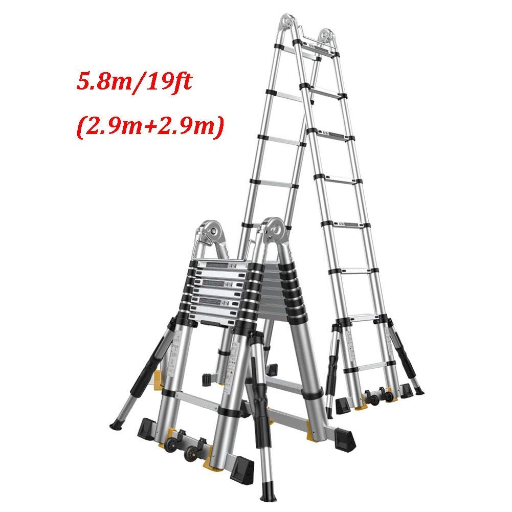 WGGGF Straight Ladder 5.8M A-Frame 2.9M+2.9M Aluminum Telescoping Extension Ladder Multi-Ladder with Safety Support Foot Stabilizer Bar (Size : 5.8m/19ft(2.9m+2.9m))