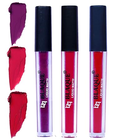 bq BLAQUE Matte Liquid Lipstick Combo of 3 Lip Color 4ml each, Long Lasting & Waterproof - Purple Affair, Ruby Red, Dark Pinkish Red
