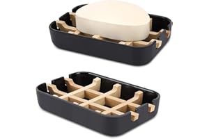 Fufengz Bamboo Wooden Soap Dishes for Shower with Drainage for Bathroom Bar Soap Holder Soap Holder Sink Deck Bathtub Shower Tray (One Pieces Black)