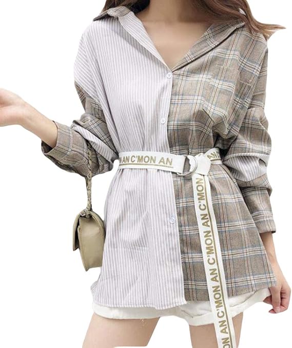 Amazon Mlbossシャツ レディース 長袖 ロング丈 トップス 切り替え チェック柄 薄手 韓国ファッション 大きいサイズ 春物 着痩せ シャツ ブラウス 通販