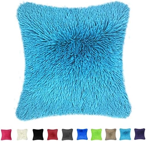 Throw it Super Fluffy Soft Cozy Silky Hand Feeling Fuzzy Plush Faux Fur Square Throw Pillow Case Shaggy Cover 18"x 18", Sky/ Aqua Blue