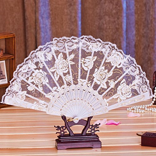 Luweki Multi-color Dance Party Wedding Lace Flower Folding Hand Held Flower Fan (White)