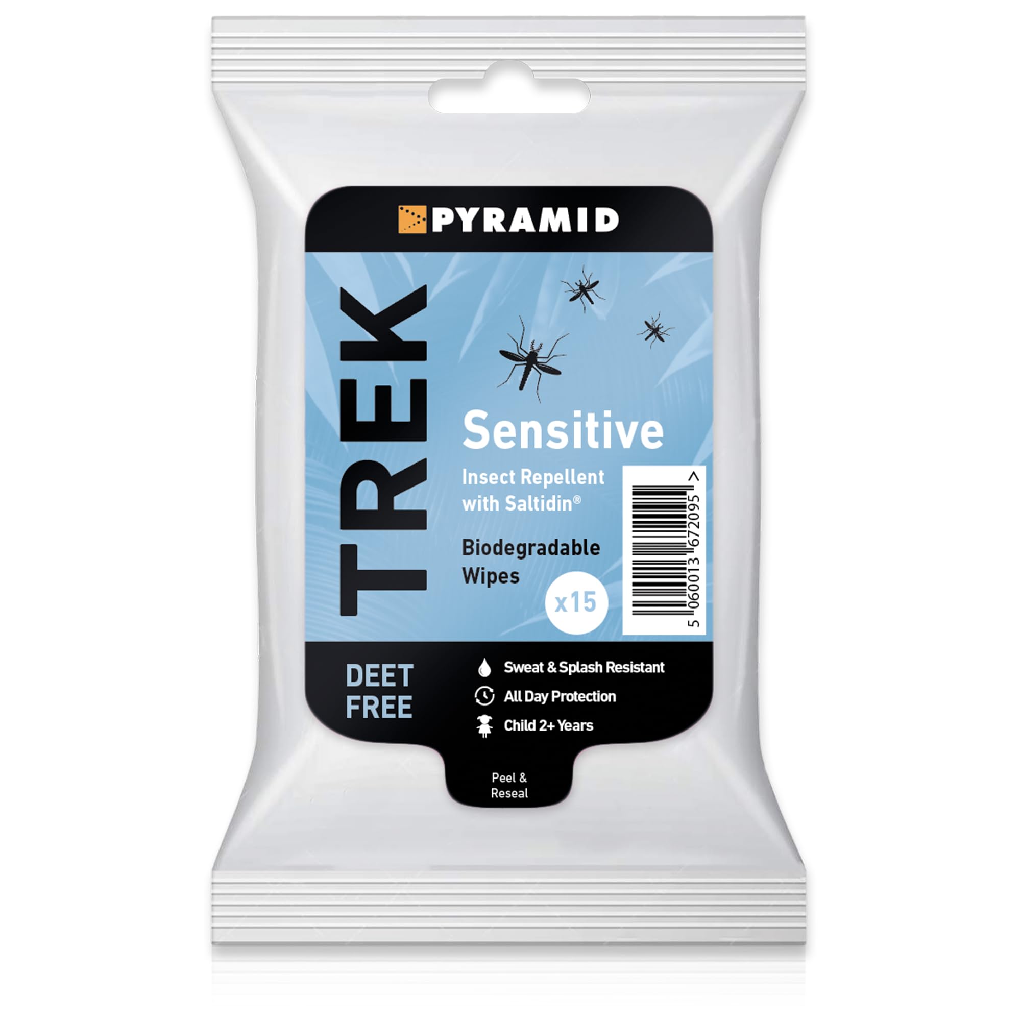 Trek Insect Repellent Wipes with Saltidin - DEET Free, Suitable for Sensitive Skin, Children 2+ Years & Pregant Women - Consists of 15x Mosquito Repellent Wipes in 1 Pack - 100% Biodegradable