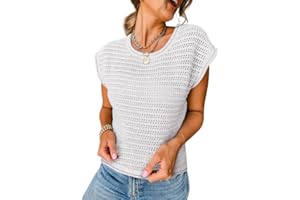 SHEWIN Women's Cap Sleeve Summer Tops 2024 Casual Crewneck Lightweight Knit Crochet Sweater Pullover Tank Top