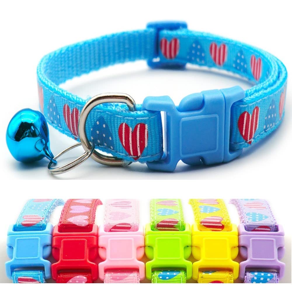 Small Dog Puppy Pet Collar Love Heart Design with Bell Nylon Adjustable Size 19-32cm Blue