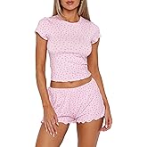 Lacozy Cute Pajamas for Women Set 2 Piece Short Sleeve Pjs Floral Graphic Crop Top Y2K Summer Sleepwear Lounge Set