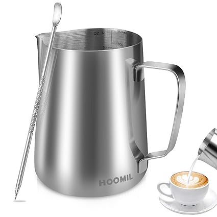 Milchkännchen HOOMIL Milchkanne Edelstahl 350ml (12fl.oz) Milch Aufschäumen Krug, Milch Pitcher mit Barista Stift/Latte Art P
