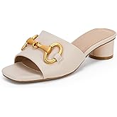 Coutgo Womens Heeled Slides Sandals Square Open Toe Slip on Comfortable Kitten Block Low Heel Metal Chain Dressy Shoes