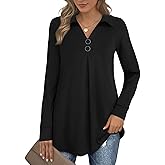 Bebonnie Womens Long Sleeve Casual Lapel V Neck Pullover Tunic Blouse Tops with Buttons