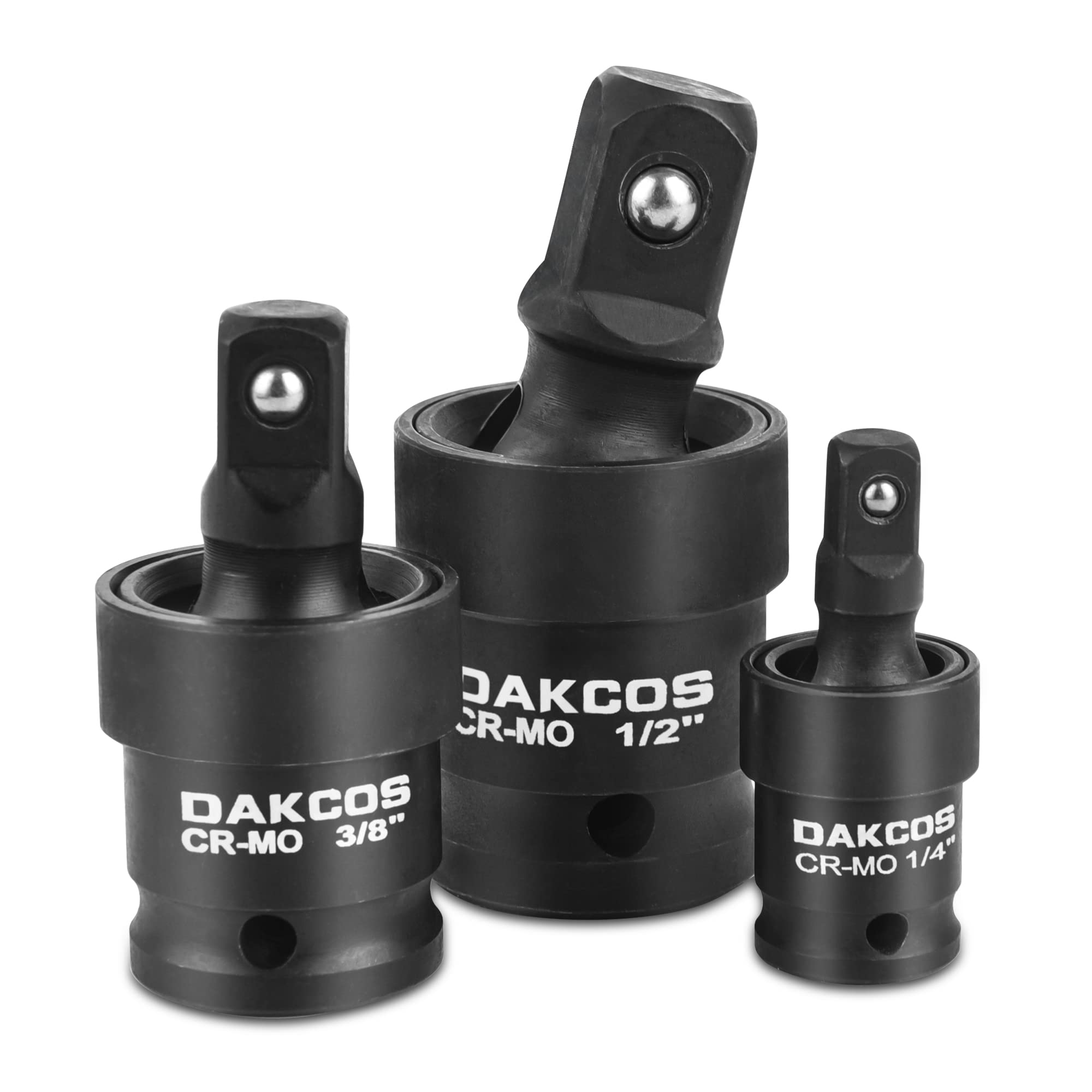 DAKCOS Universal Joint Socket Set, 3 Piece Impact Swivel Socket Set, Ball Spring Design, 1/4", 3/8" and 1/2" Drive, U-Joint Sockets Swivel, CR-MO