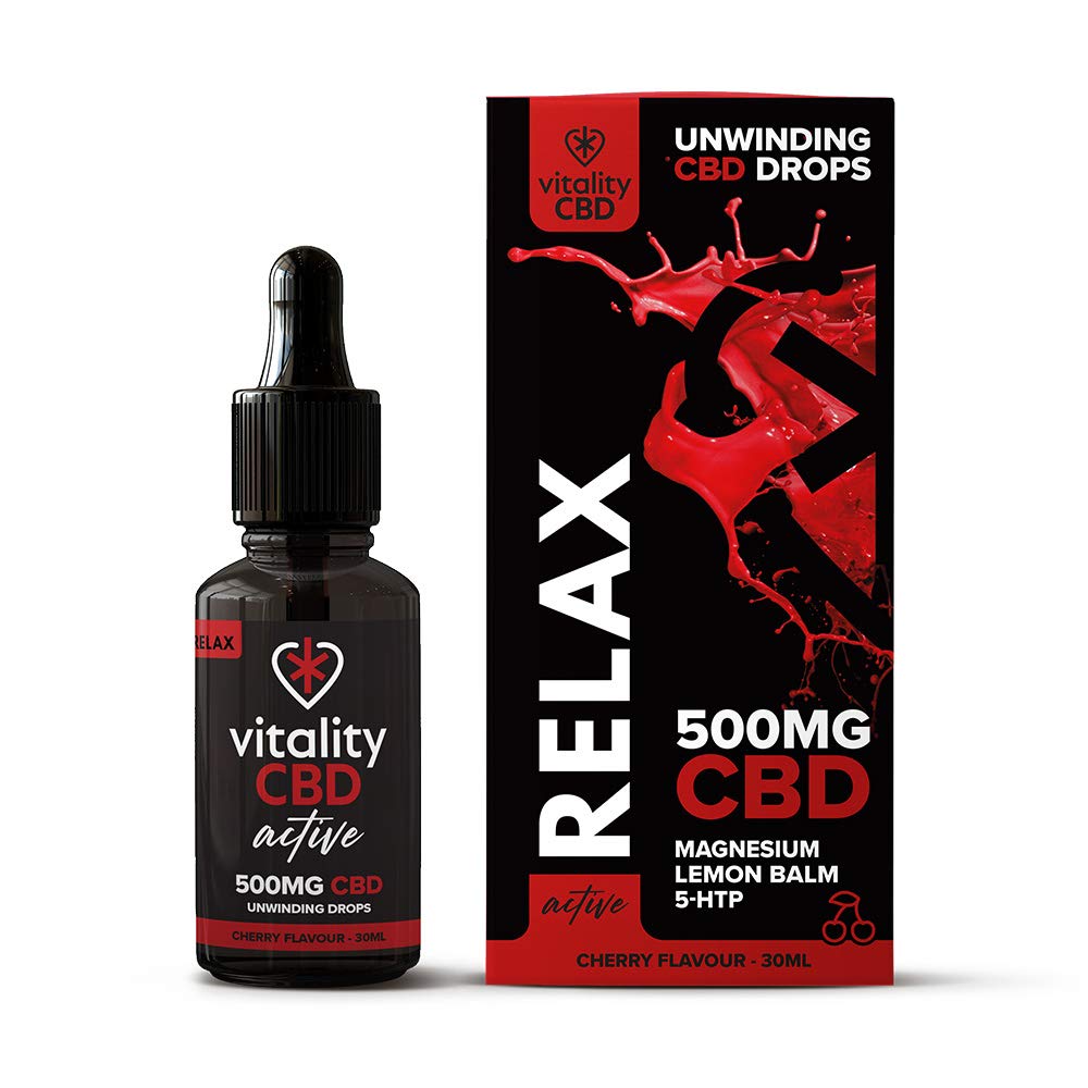 Vitality CBD Active Relax Drops with Lemon Balm, Magnesium, Griffonia Simplicifolia, 500mg of CBD, Cherry Flavour, 30 ml, NO THC