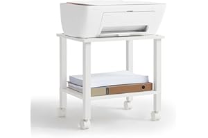 YUFAM 2 Tier Printer Stand with Storage,Under Desk Shelf Printer Table, Rolling Printer Cart for Office,Home,White