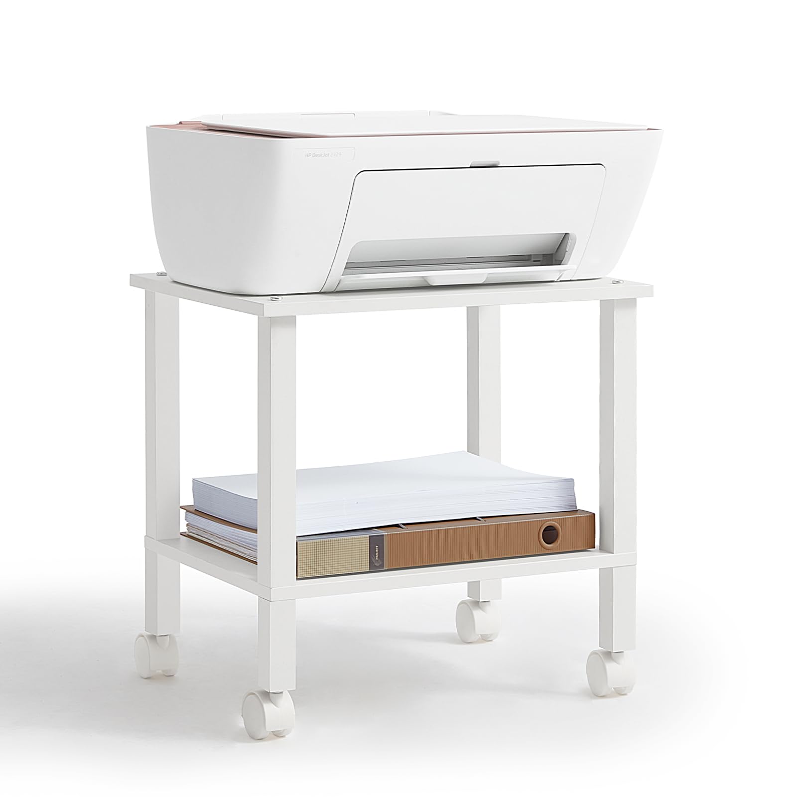 Photo 1 of YUFAM 2 Tier Printer Stand with Storage,Under Desk Shelf Printer Table, Rolling Printer Cart for Office,Home,White