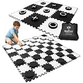 Swooc Games&reg; - 2-in-1 Premium Giant Checkers &amp; Tic Tac Toe Game (4ft x 4ft) - 100% High Density EVA Foam Mat &amp; Pieces - Extra Large Checkers Set with Jumbo Checkerboard and Yard Size Tic Tac Toss