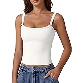 QINSEN Womens Square Neck Lace Trim Tank Top Double Lined Slim Fitted Y2k Going Out Camisole Shirts