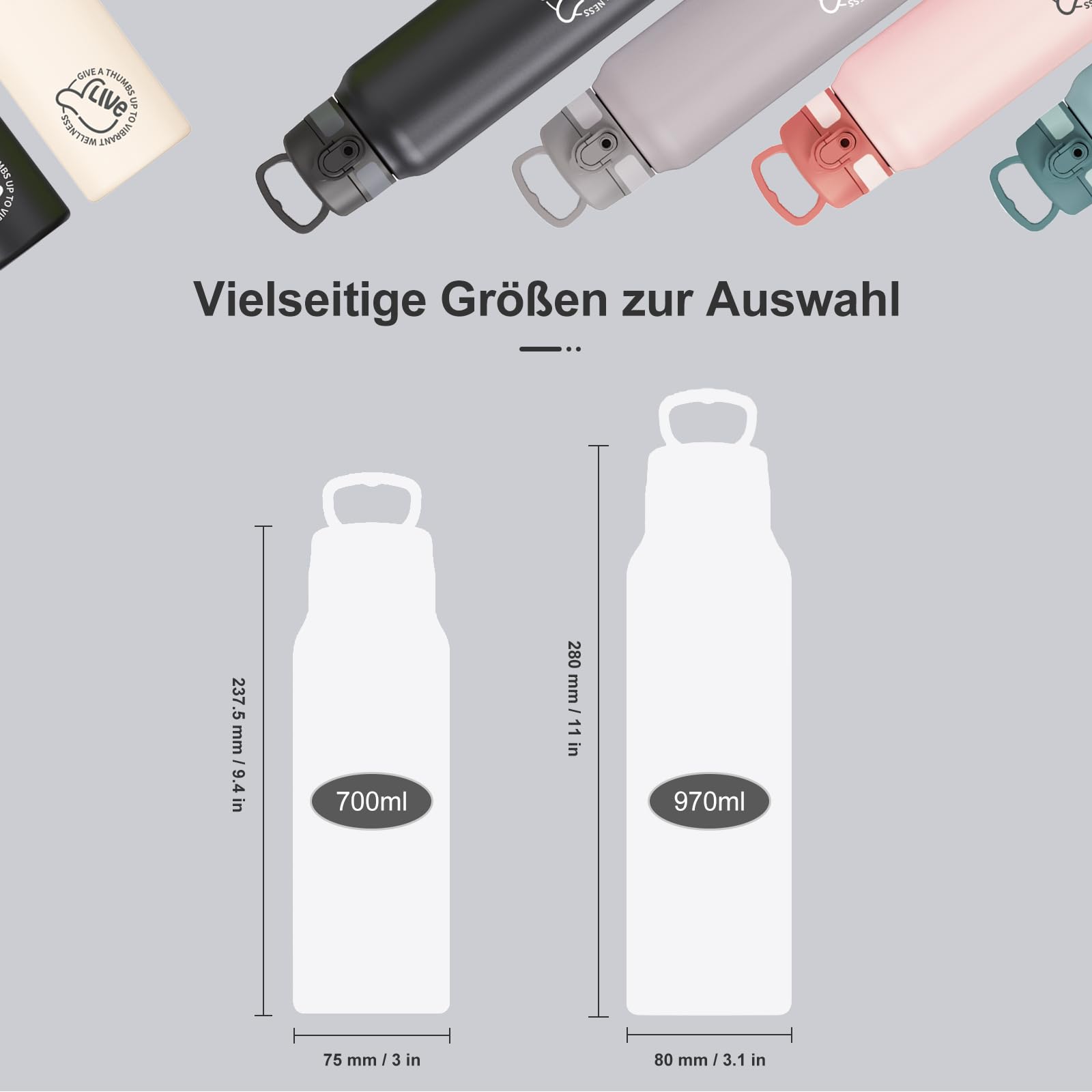 UZSPACE Edelstahl Trinkflasche 1l (970ml), Isolierte Thermosflasche mit 1-Klick-Öffnung, 100% Auslaufsicher, Sport Wasserflasche für Wandern Sport Fitness Gym Outdoor, Schwarz 3