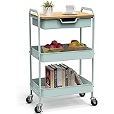 Aratan 3 Tier Rolling Cart, Utility Cart with Drawer and Table Top, Metal Rolling Kitchen Storage Organizer Cart with Handle and Locking Wheels for Bathroom Office Balcony Living Room