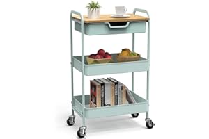Aratan 3 Tier Rolling Cart, Utility Cart with Drawer and Table Top, Metal Rolling Kitchen Storage Organizer Cart with Handle and Locking Wheels for Bathroom Office Balcony Living Room