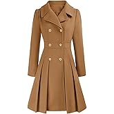 Sexyshine Women's Double Breasted Trench Coat Notch Lapel A-Line Slim Flared Pleated Wool Blend Pea Coat with Pockets