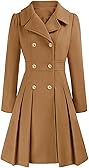 Sexyshine Women's Double Breasted Trench Coat Notch Lapel A-Line Slim Flared Pleated Wool Blend Pea Coat with Pockets