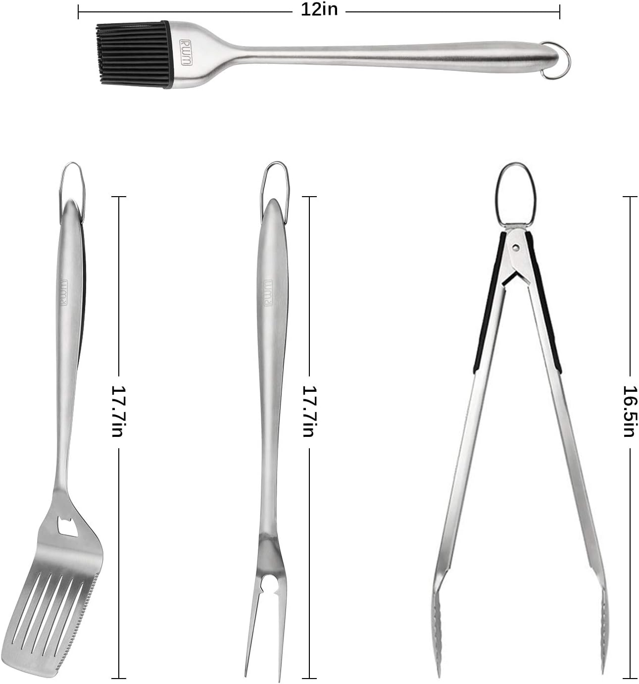 Rwm BBQ Grill Tool Set - Heavy Duty Extra Thick Stainless Steel Grill Utensil Set, Spatula, Basting Brush, Fork & Tongs Perfect BBQ Grilling Accessories, Gift Box Package : Garden & Outdoor