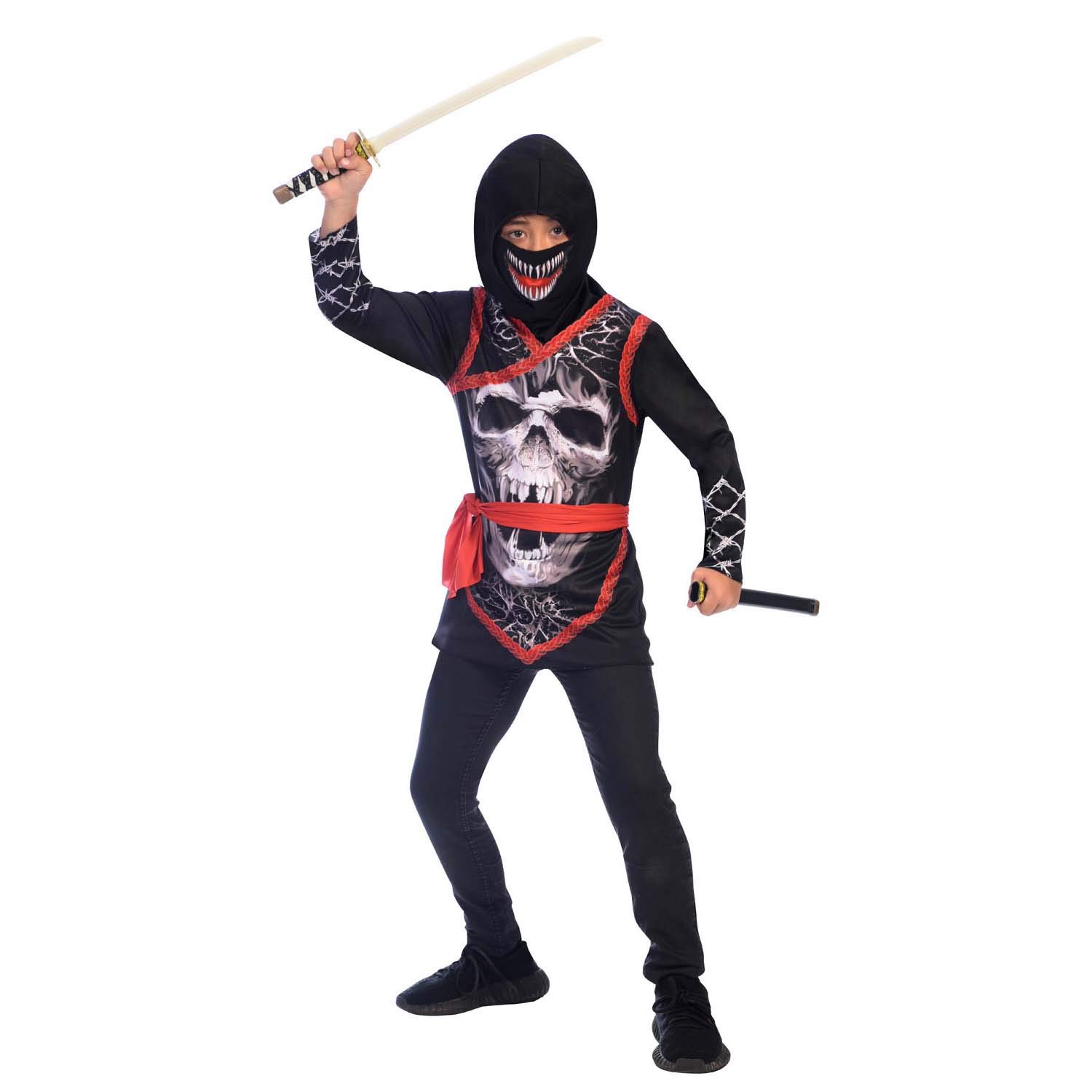 amscan 9905057 Black Skull Ninja Costume with Scary Teeth Mask-Age 12-14 Years-1 PC