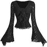 QJQ Women's Sheer Mesh Grunge Shirts Long Bell Sleeve Crewneck Going Out Lace Tops Goth Clothes