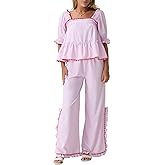 Hulpvktsgiq Christmas Pajama Set for Women Puff Short Sleeve Plaid Babydoll Blouse Ruffle Wide Leg Pants Gingham Lounge Pjs