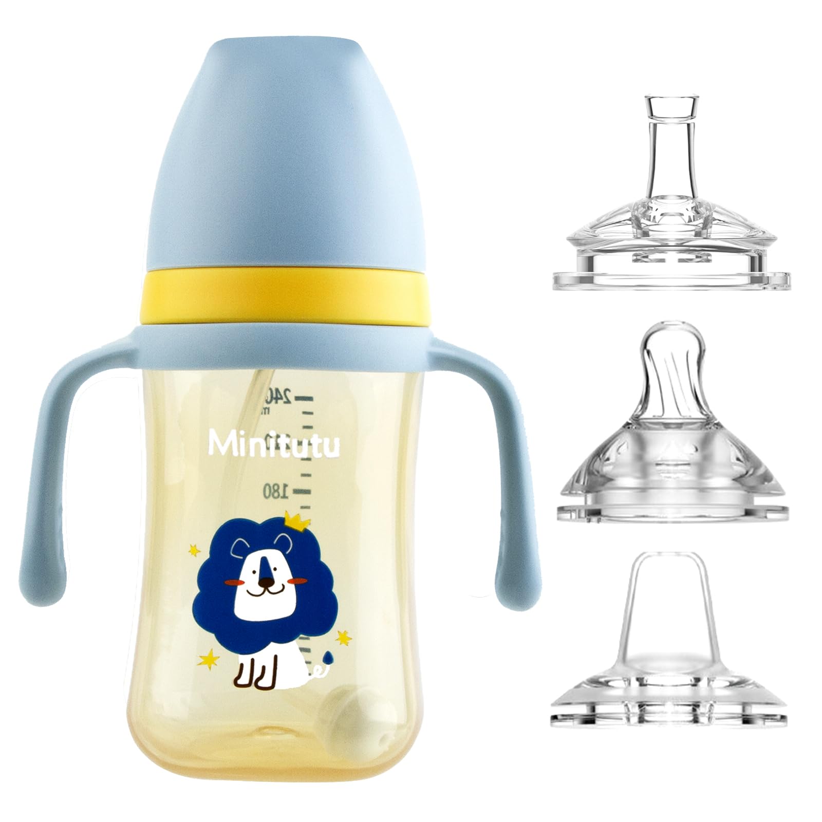 3 in 1 Baby Cups & Sippy Cup with Straw and a Spout 240ML, Toddler Drinks Water Bottles Trainer Cup with Handles for Babies 6 12 Months(One Cup with 3 Nipples) (Blue)