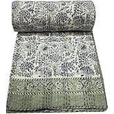 V Vedant Designs Indian Kantha Quilt Handmade Throw Reversible Blanket Bedspread Block Print Fabric Bohemain Quilt Twin/Queen Chic Bedding coverlets (Block 01, Twin)