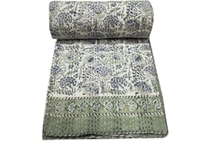 YUVANCRAFTS Indian Block Print Quilt Queen Kantha Quilts Kantha Throw Kantha Bedspread Blanket Cotton Bed Cover Quilt Boho Kantha Quilts Bedspread (Light Green, Twin 90 X 60 Inch)