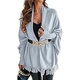 CHICME Solid Poncho Shawl Wraps Knitted Poncho Cardigan Warm Long Sleeve Cozy Versatile Fringe Sweater Cardigan